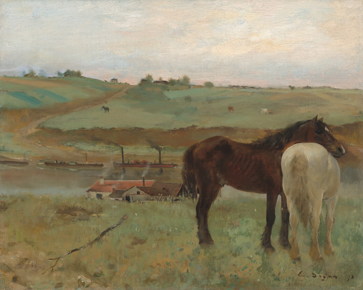 Edgar Degas, Horses in a Meadow, 1871: a bay horse and a white horse stand together in a green pasture, with steamboats on a river and low hills behind them.