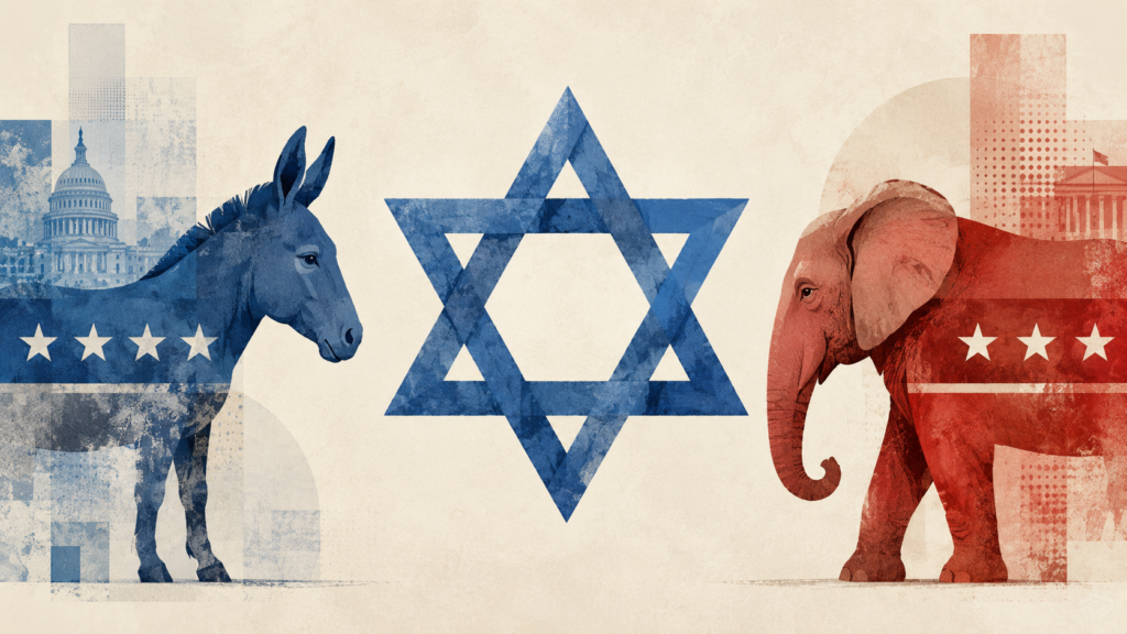 Jewish American partisanship, 2008–2025: percent identifying with or leaning to each party. In 2025, Democrat 55%, Republican 32%, Independent/Other 13%. Source: CES cumulative common content; graph by Brian Schaffner.